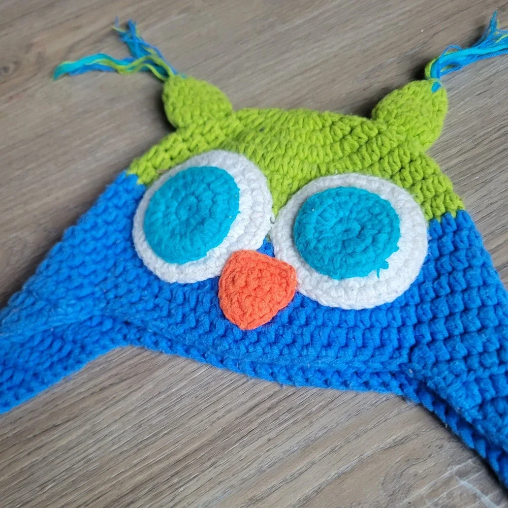 Kids Owl Trapper Hat One Size Blue Green Crochet Knit‎ Animal Winter Beanie